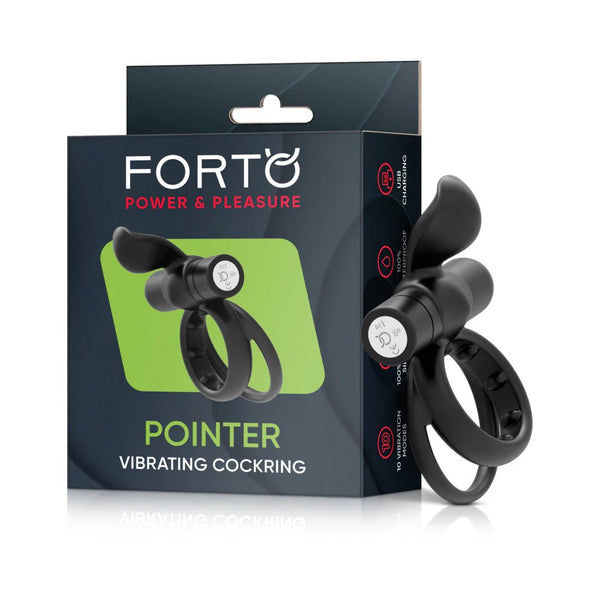 Forto Pointer Rechargeable Silicone Vibrating Dual Cockring with External Stimulator Black - TruLuv Novelties