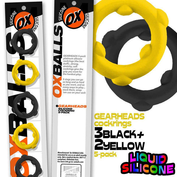 Gearheads 5 Pack Spinner Rings - Yellow Black - TruLuv Novelties