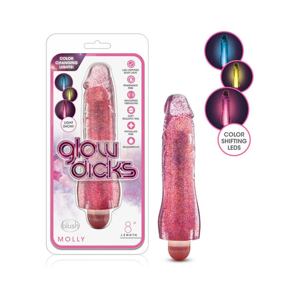 Glow Dicks Molly Color Changing 8 in. Vibrating Dildo Glitter Pink - TruLuv Novelties