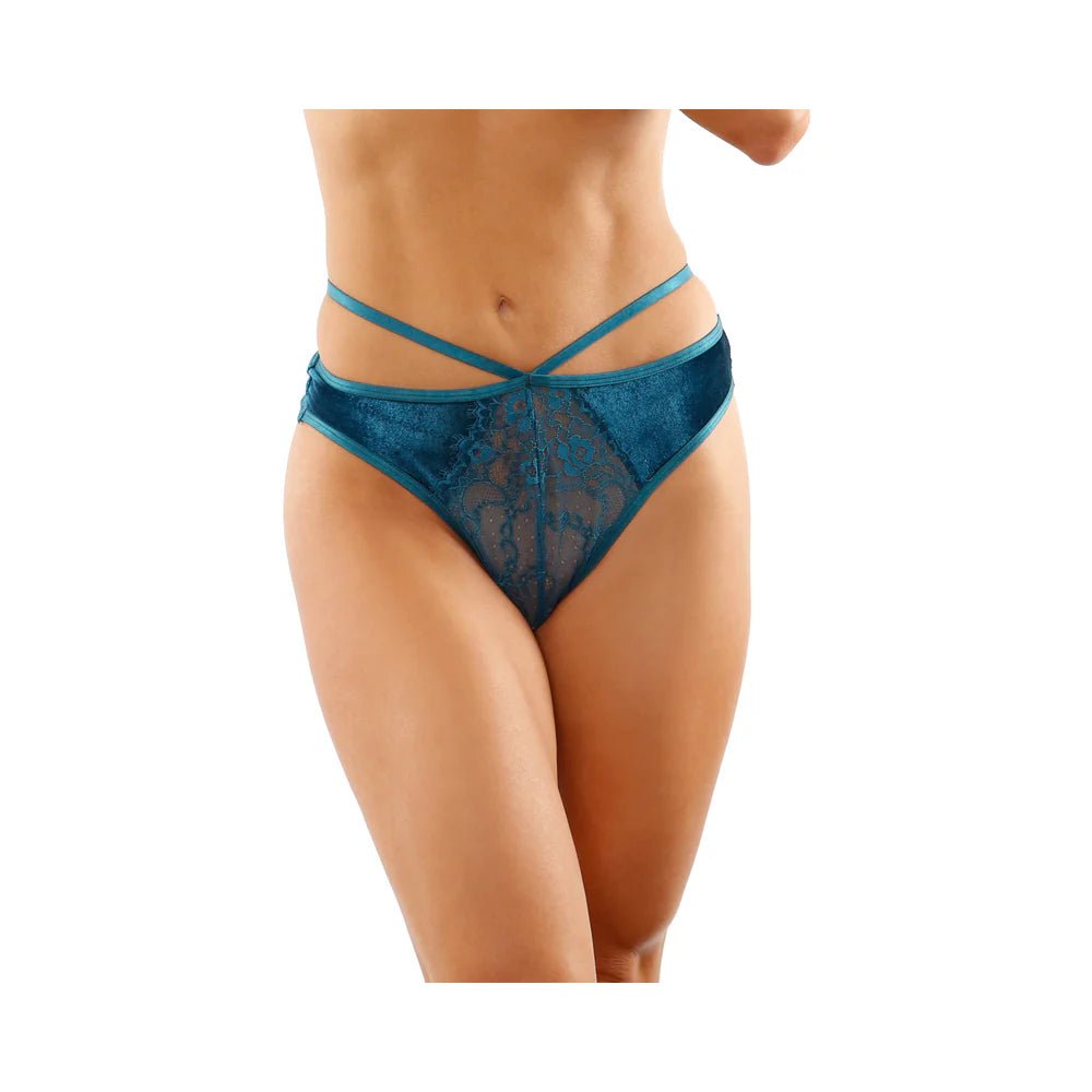 Kalina Velvet Strappy Cut - Out Thong With Keyhole Back Teal S/M - TruLuv Novelties