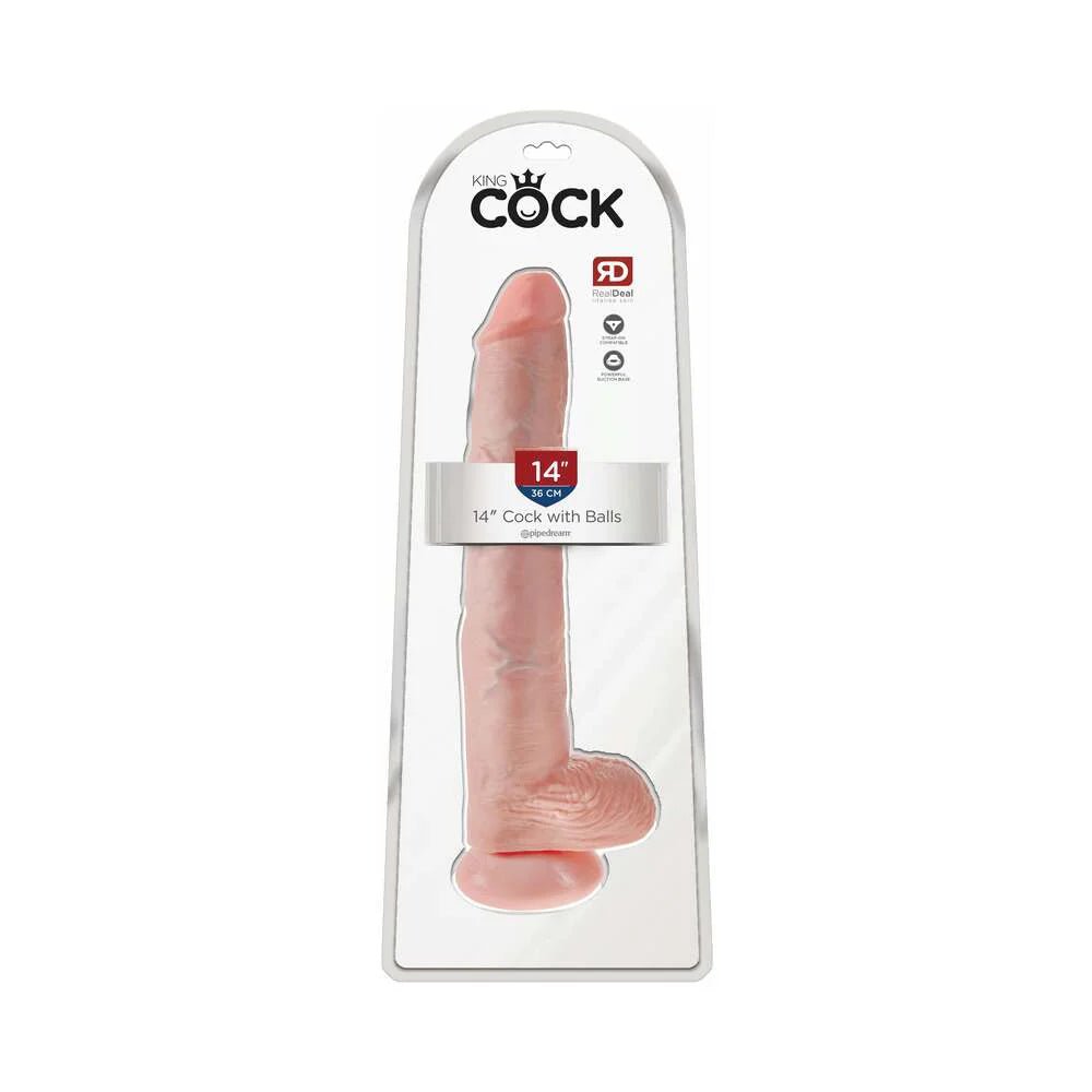King Cock 14 in. Cock With Balls Realistic Suction Cup Dildo Beige - TruLuv Novelties