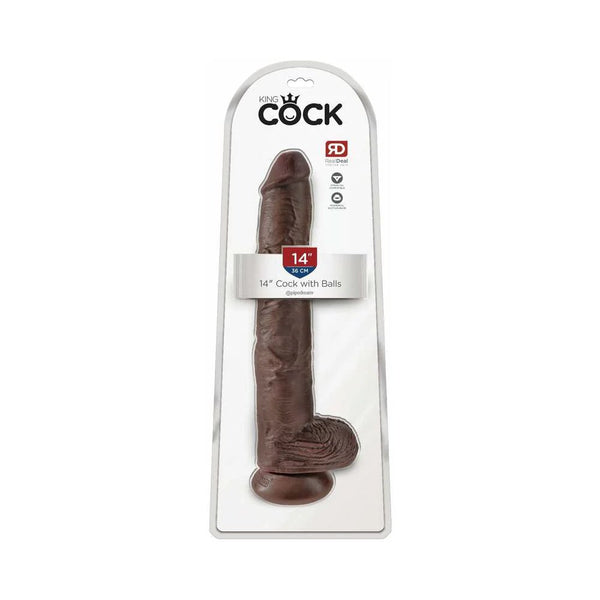 King Cock 14 in. Cock With Balls Realistic Suction Cup Dildo Brown - TruLuv Novelties