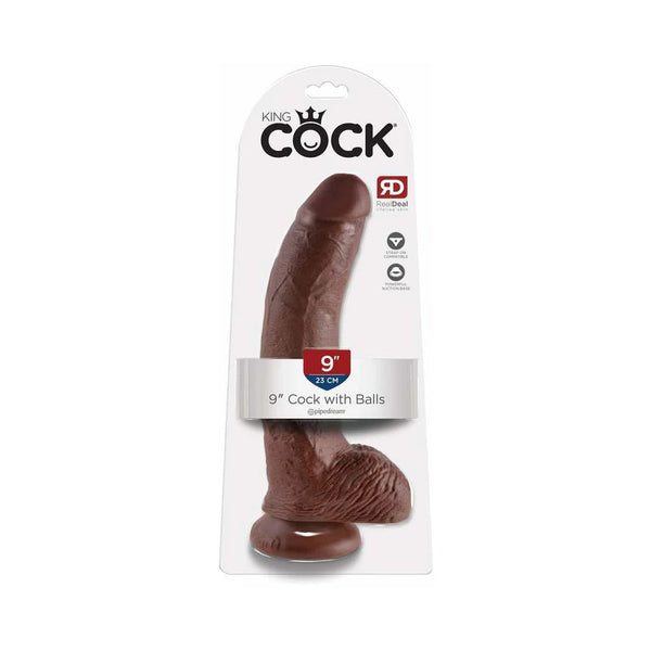 King Cock 9 in. Cock With Balls Realistic Suction Cup Dildo Brown - TruLuv Novelties