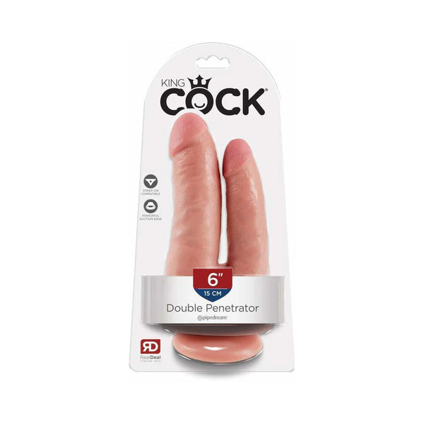 King Cock Double Penetrator 6 in. Realistic Dual - Entry Dildo With Suction Cup Beige - TruLuv Novelties
