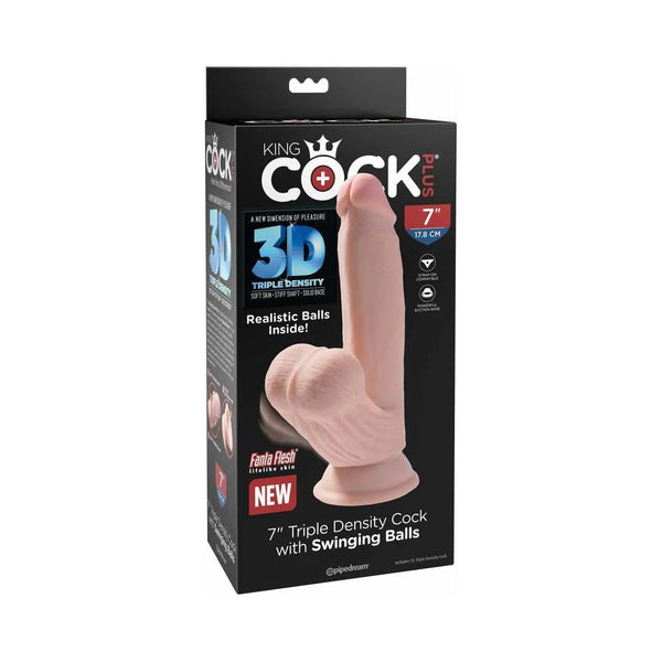 King Cock Plus 7 in. Triple - Density Cock With Swinging Balls Dildo Beige - TruLuv Novelties