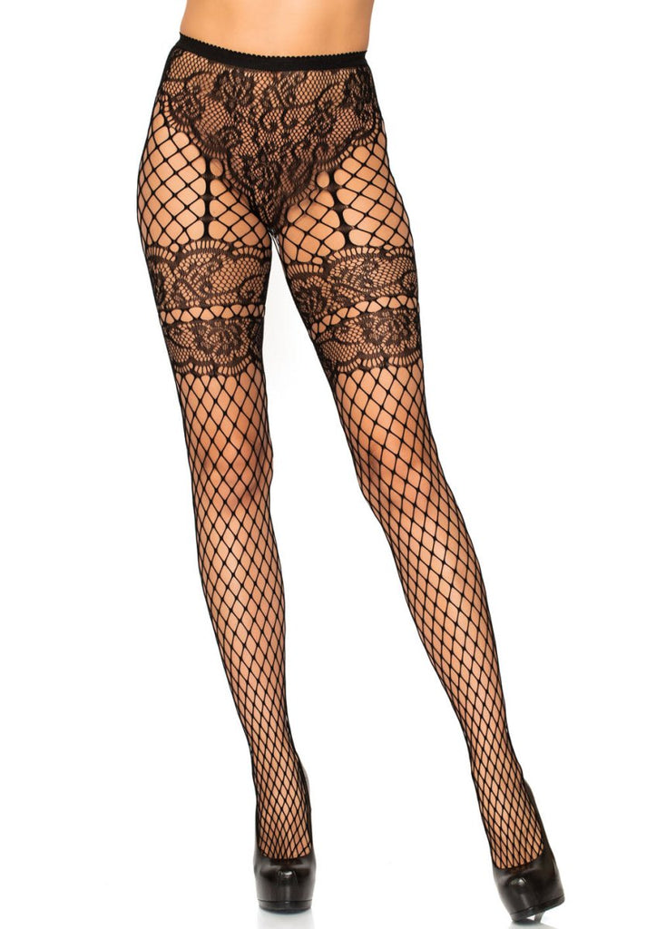 Lace French Cut Faux Garter Net Tights - One Size Black - TruLuv Novelties