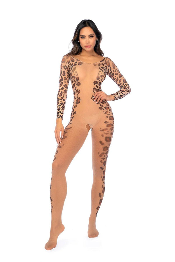Long Print Sleeve Leopard Mesh Bodystocking - Os - Leopard Print - TruLuv Novelties