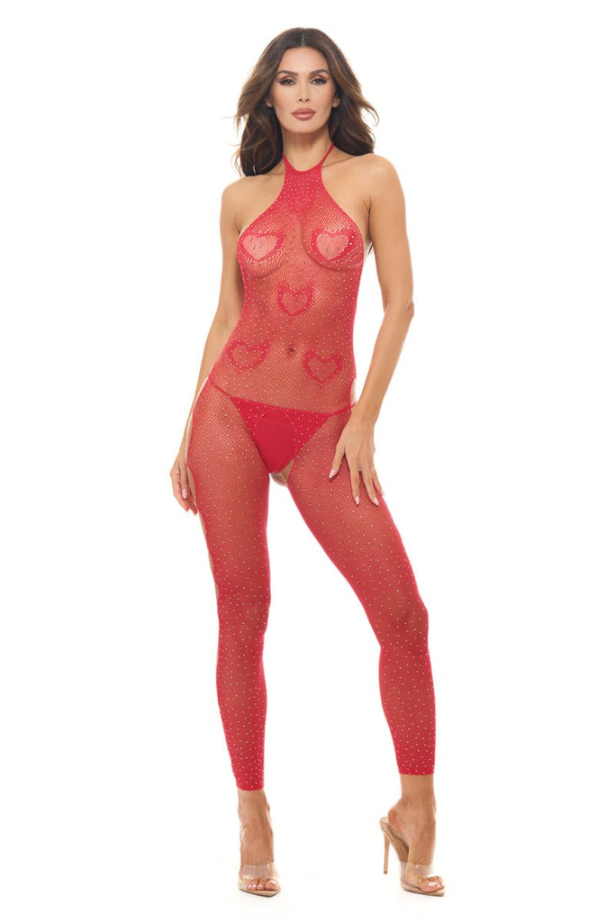 Love Stroke Stones Heart Bodystocking and G - String Red - Os - TruLuv Novelties