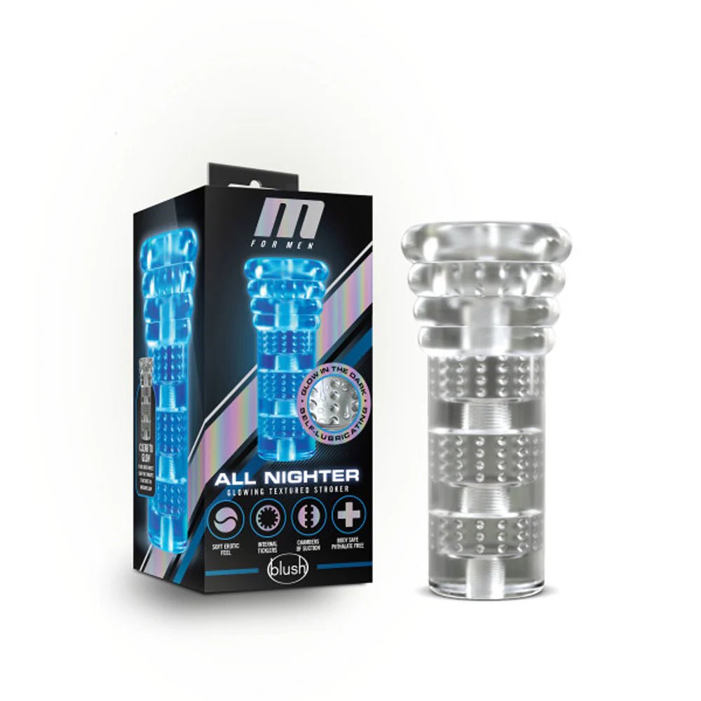 M for Men All Nighter Glow in the Dark Textured Stroker Clear - TruLuv Novelties