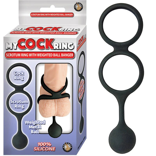 My Cock Ring Scrotum Ring With Weighted Ball Banger Silicone Black - TruLuv Novelties