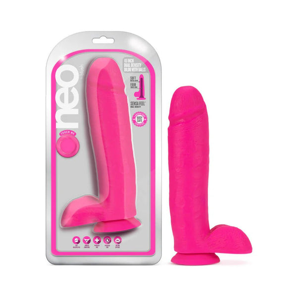 Neo 10 in. Dual Density Dildo with Balls Neon Pink - TruLuv Novelties