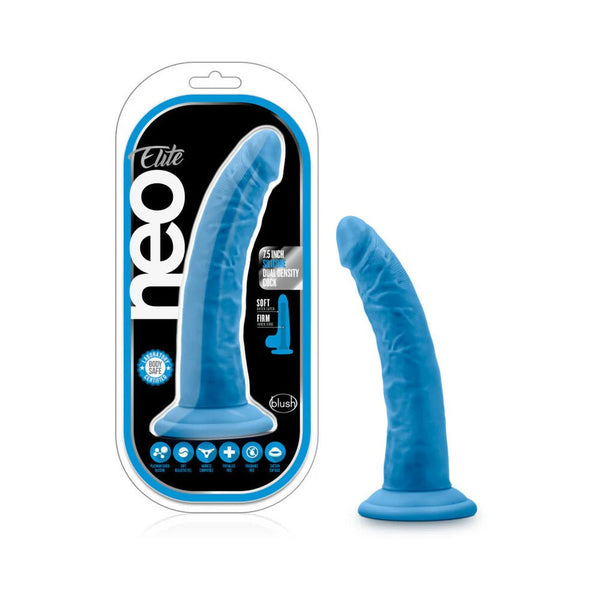 Neo Elite 7.5 in. Silicone Dual Density Dildo Neon Blue - TruLuv Novelties