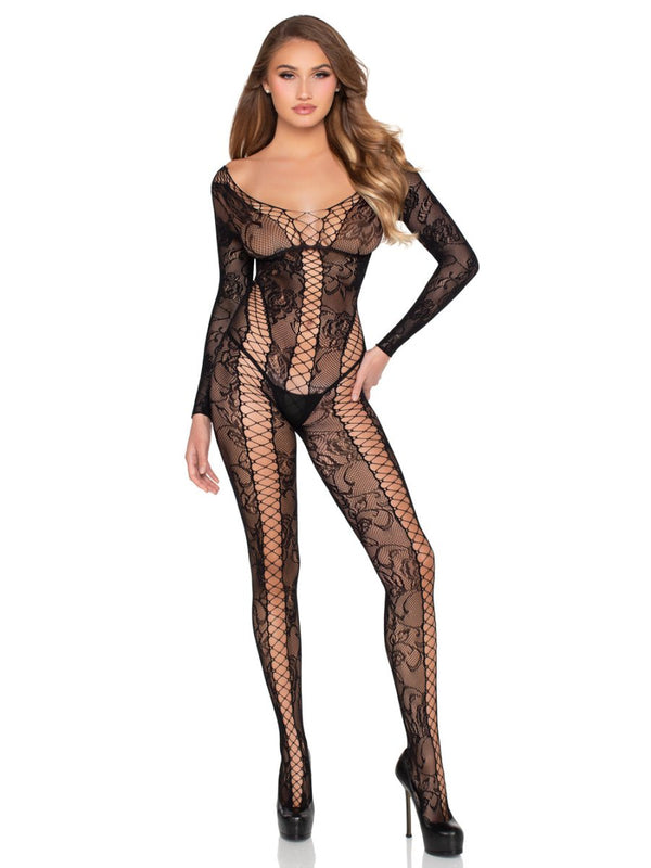 Net and Lace Crotchless Lingerie Jumpsuit - Os - Black - TruLuv Novelties