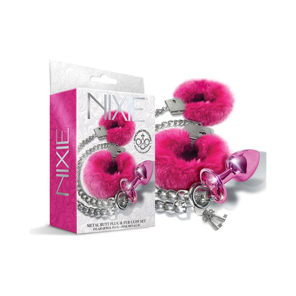 Nixie Metal Butt Plug & Furry Handcuff Set Medium Pink Metallic - TruLuv Novelties