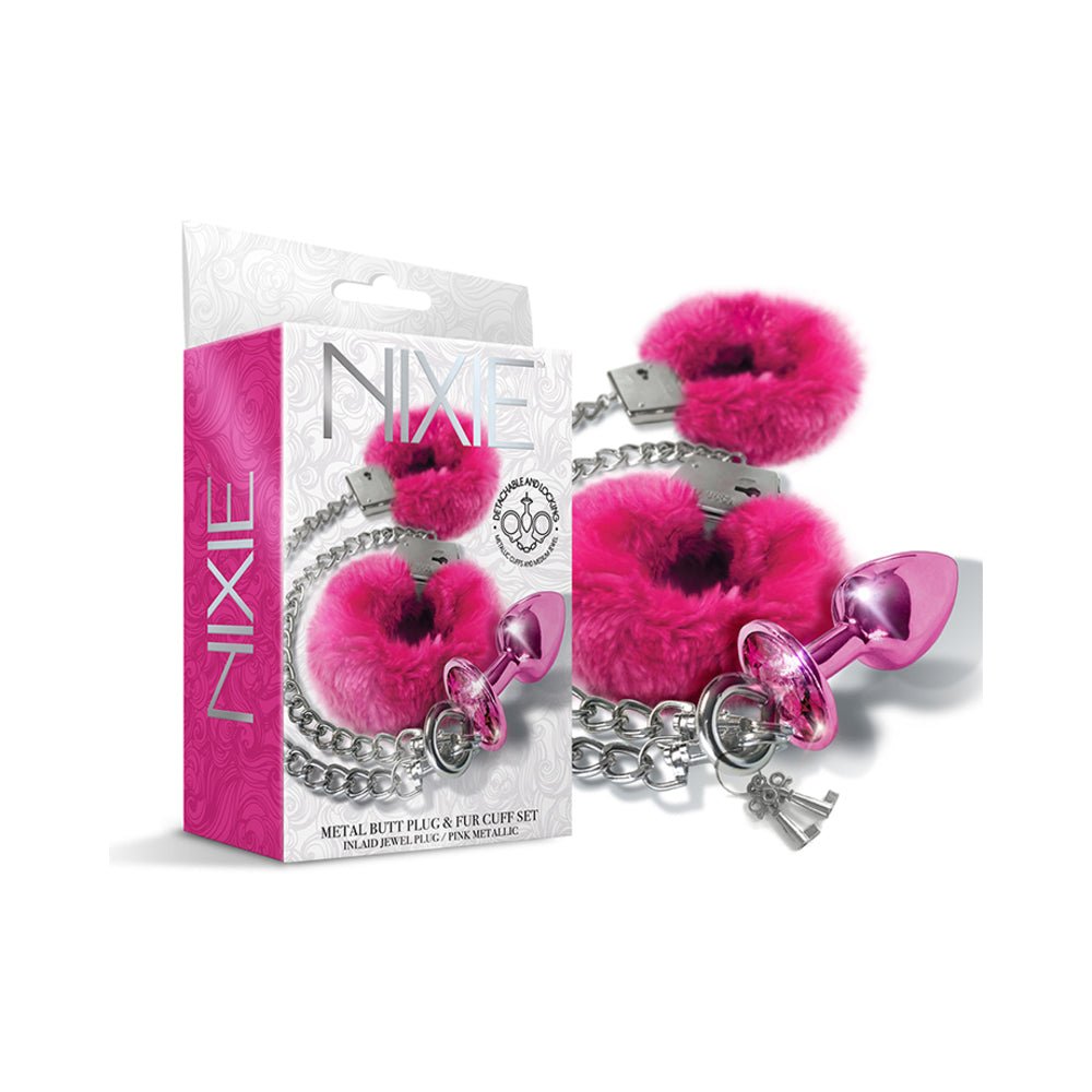 Nixie Metal Butt Plug & Furry Handcuff Set Medium Pink Metallic - TruLuv Novelties