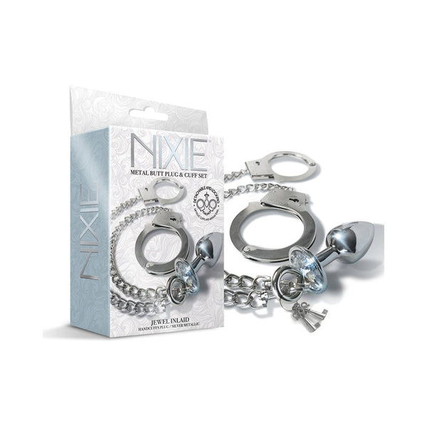 Nixie Metal Butt Plug & Handcuffs Set Silver - TruLuv Novelties