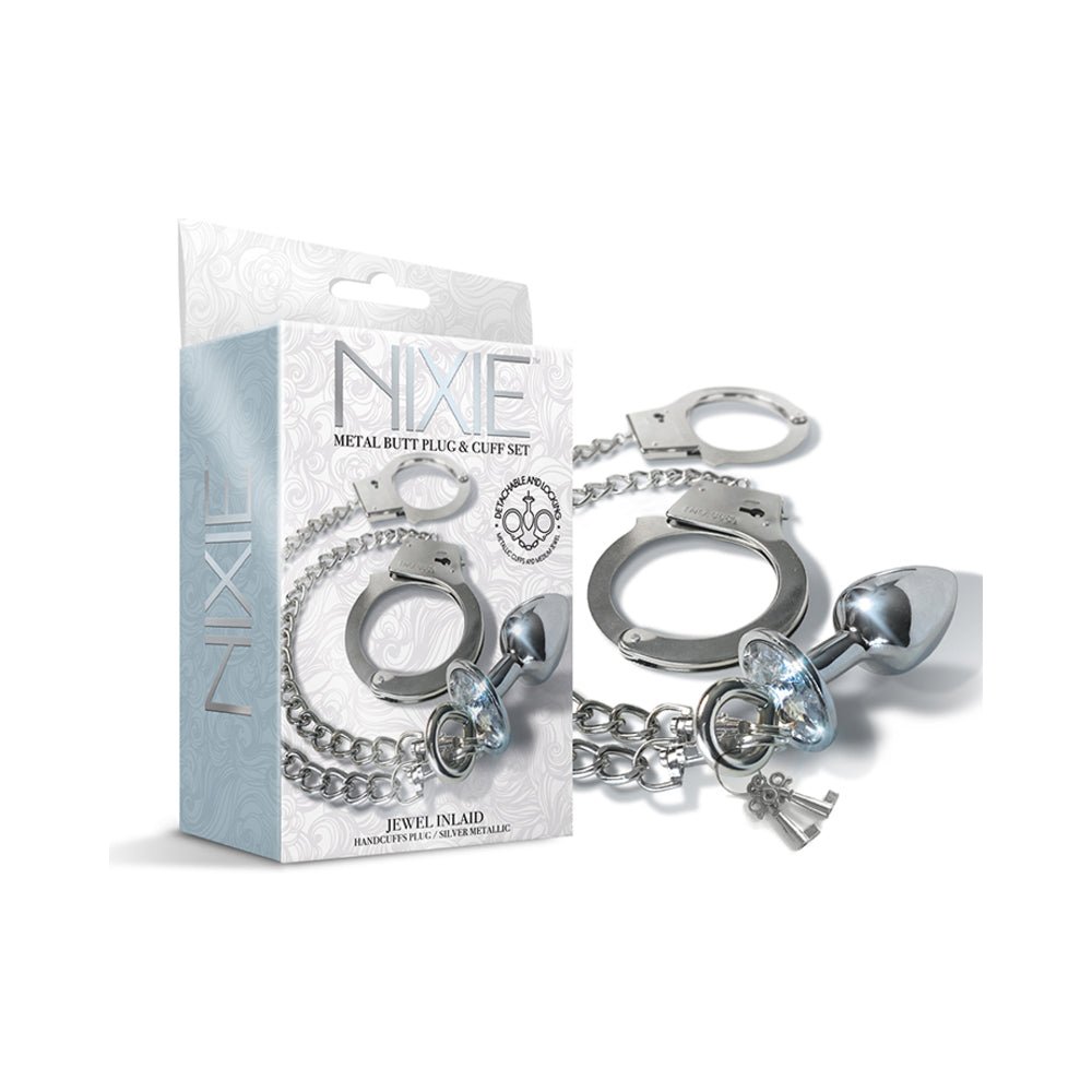 Nixie Metal Butt Plug & Handcuffs Set Silver - TruLuv Novelties