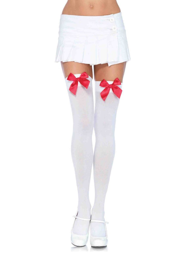 Nylon Over the Knee Socks - White With Red Bow - TruLuv Novelties