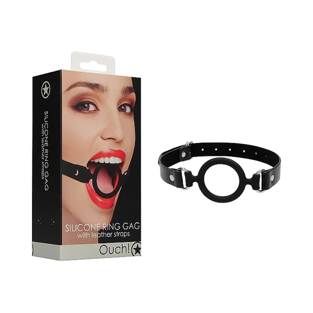 Ouch! Adjustable Silicone Ring Gag With Leather Straps Black - TruLuv Novelties