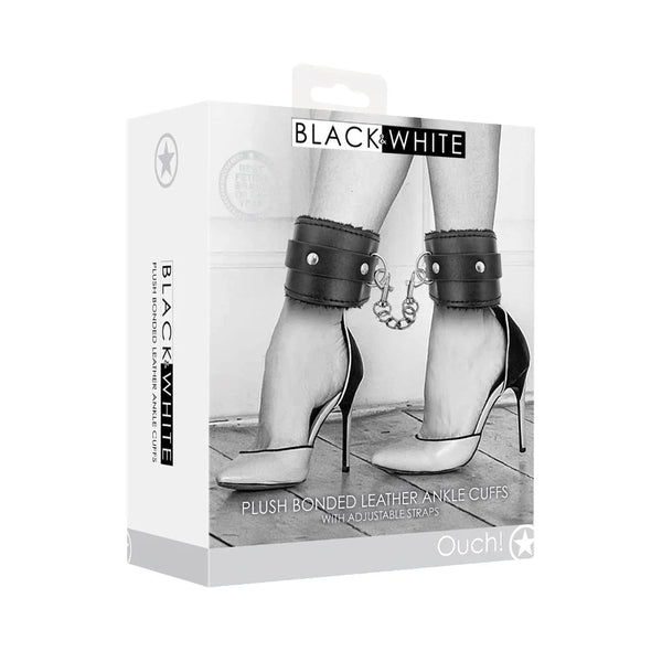 Ouch! Black & White Adjustable Plush Bonded Leather Ankle Cuffs Black - TruLuv Novelties