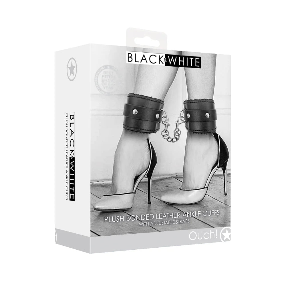 Ouch! Black & White Adjustable Plush Bonded Leather Ankle Cuffs Black - TruLuv Novelties