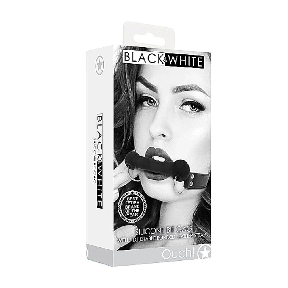 Ouch! Black & White Silicone Bit Gag With Adjustable Bonded Leather Straps Black - TruLuv Novelties