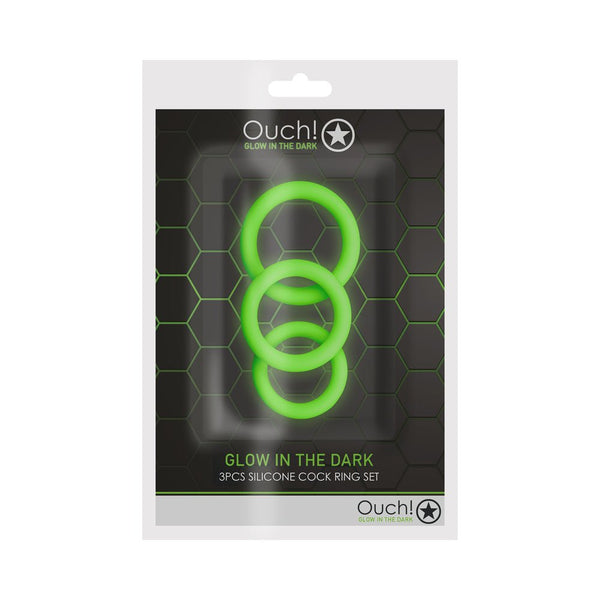 Ouch! Glow in the Dark 3-Piece Silicone Cockring Set Neon Green - TruLuv Novelties
