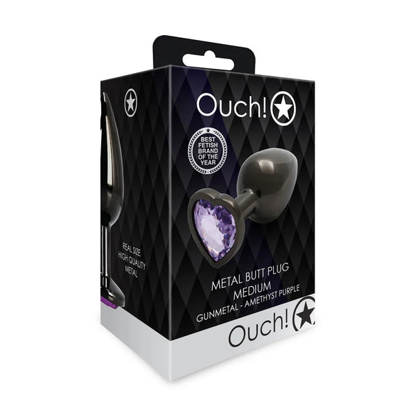 Ouch! Heart Gem Butt Plug Medium Gunmetal/Amethyst - TruLuv Novelties