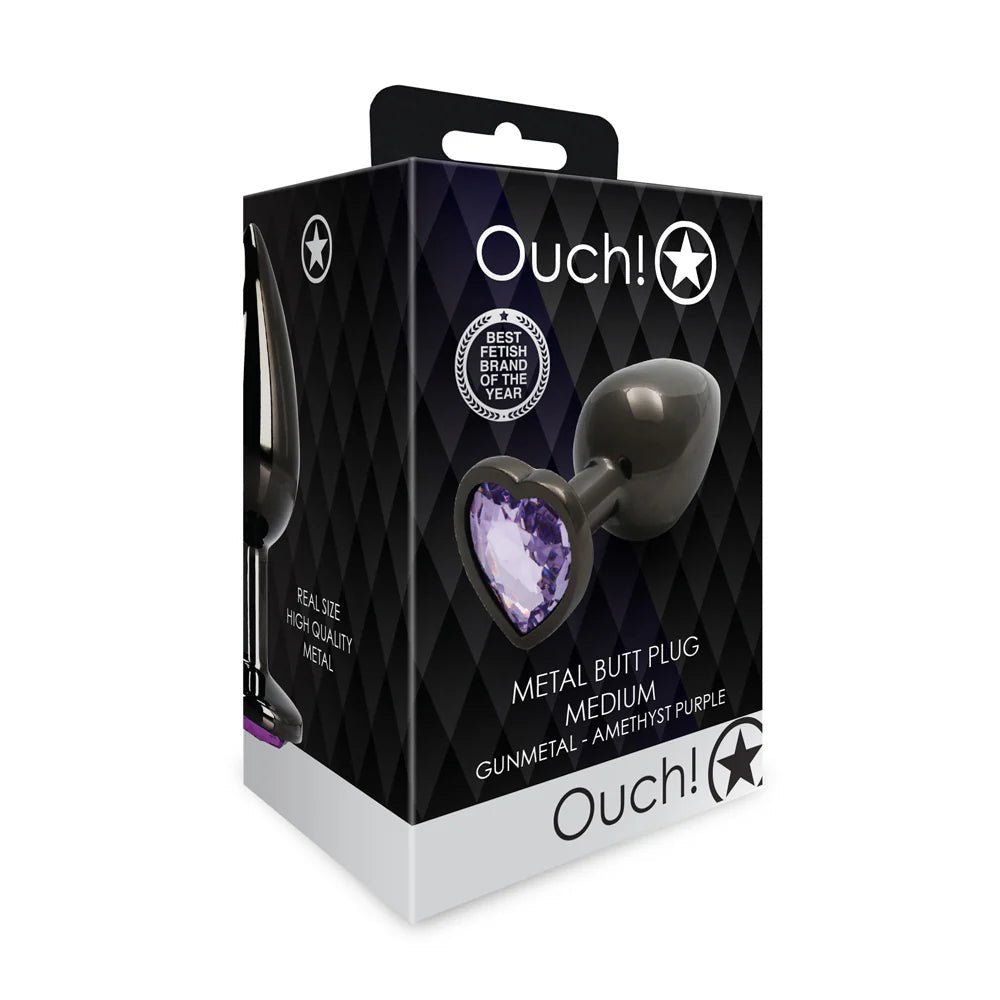 Ouch! Heart Gem Butt Plug Medium Gunmetal/Amethyst - TruLuv Novelties