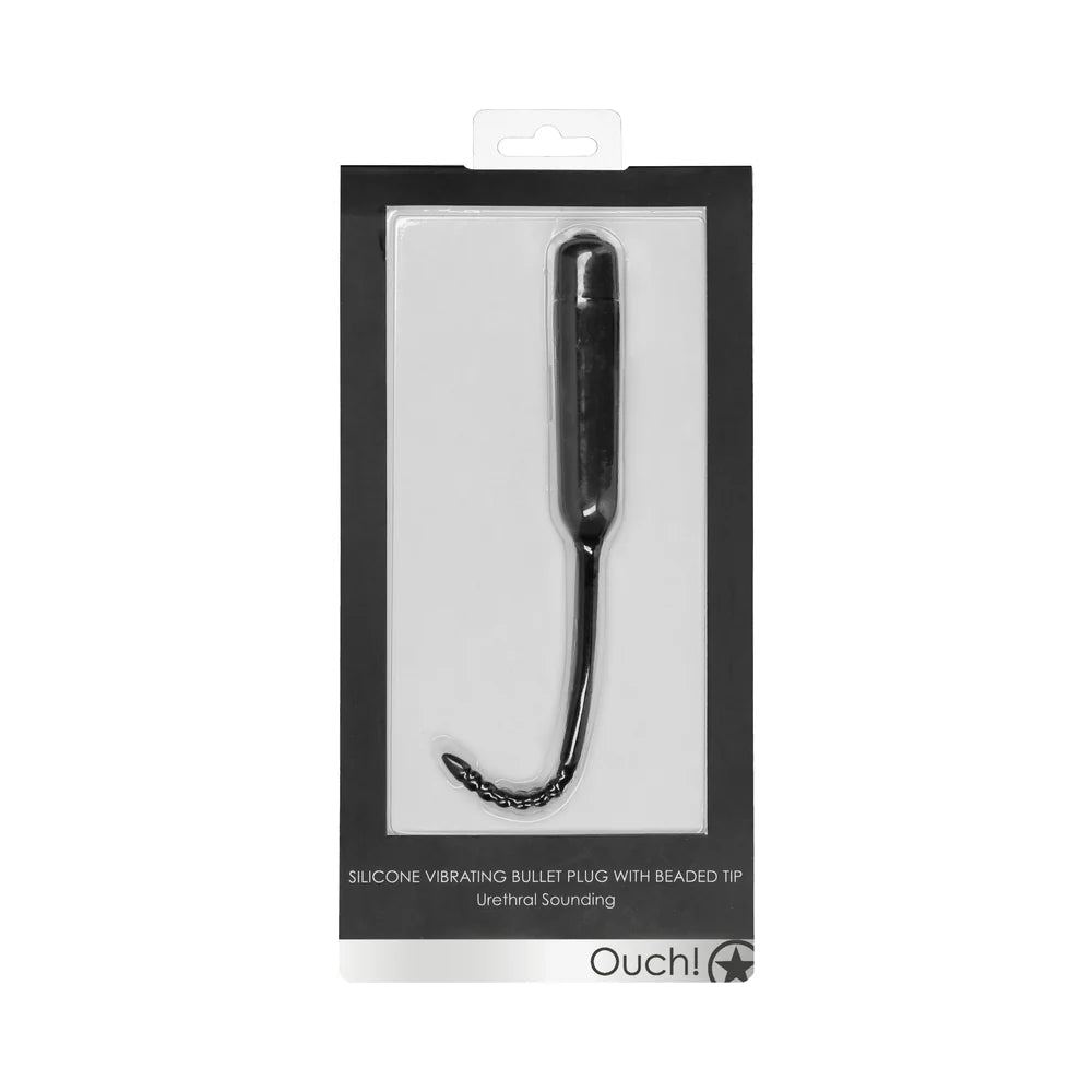 Ouch! Urethral Sounding Silicone Vibrating Bullet Plug With Beaded Tip Black 5.5 mm - 7 mm - TruLuv Novelties