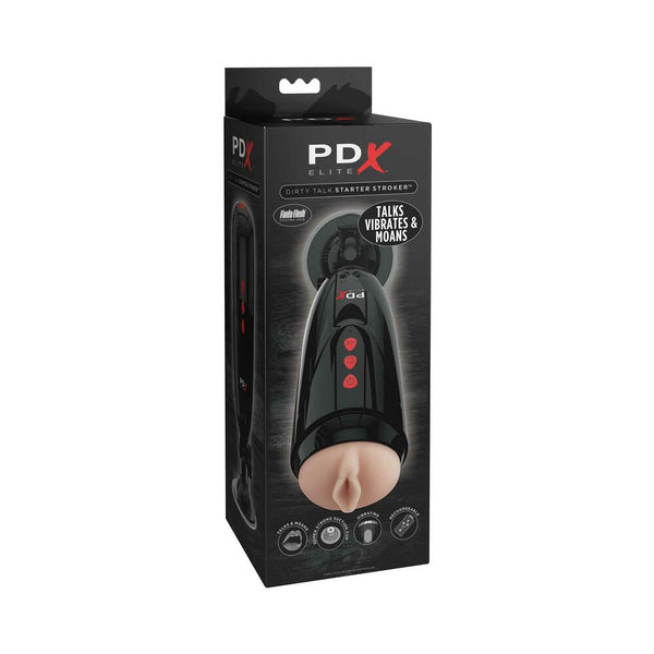 PDX Elite Dirty Talk Rechargeable Vibrating Starter Stroker With Hands-Free Suction Cup Beige/Black - TruLuv Novelties