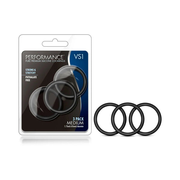 Performance VS1 Pure Premium Silicone Cockrings 3 - Pack Medium Black - TruLuv Novelties