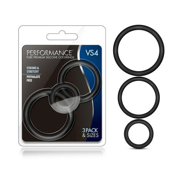 Performance VS4 Pure Premium Silicone Cockrings 3 - Pack Set Black - TruLuv Novelties