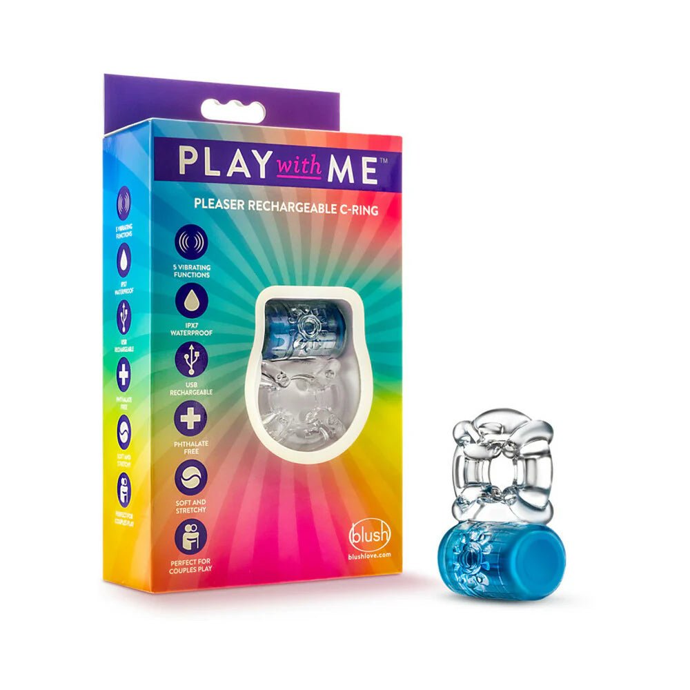Play with Me Pleaser Rechargeable Vibrating C - Ring Blue - TruLuv Novelties