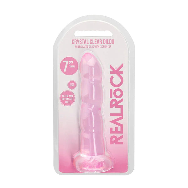 RealRock Crystal Clear Non - Realistic 7 in. Twisted Dildo With Suction Cup Pink - TruLuv Novelties