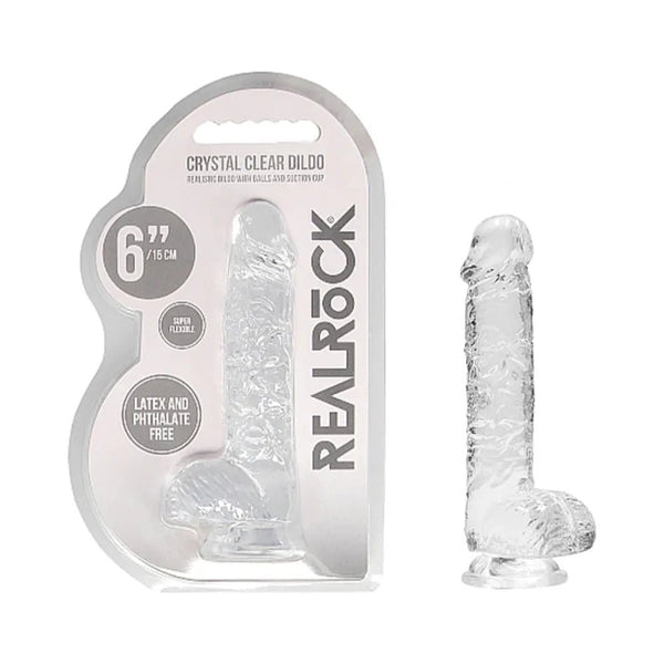 RealRock Crystal Clear Realistic 6 in. Dildo With Balls and Suction Cup Clear - TruLuv Novelties