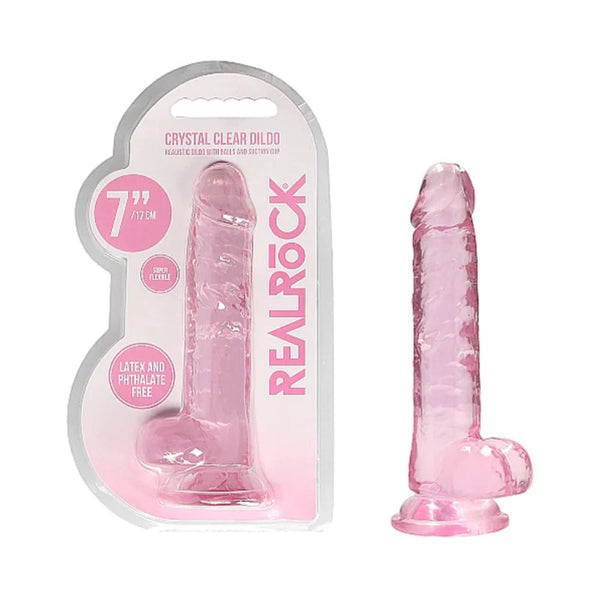 RealRock Crystal Clear Realistic 7 in. Dildo With Balls and Suction Cup Pink - TruLuv Novelties