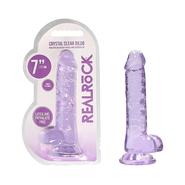 RealRock Crystal Clear Realistic 7 in. Dildo With Balls and Suction Cup Purple - TruLuv Novelties