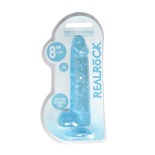 RealRock Crystal Clear Realistic 8 in. Dildo With Balls and Suction Cup Blue - TruLuv Novelties
