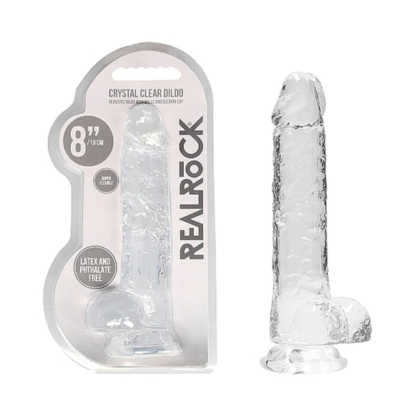 RealRock Crystal Clear Realistic 8 in. Dildo With Balls and Suction Cup Clear - TruLuv Novelties