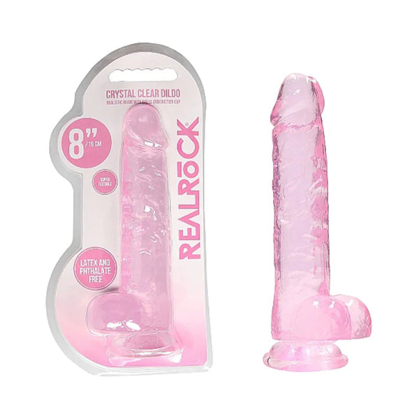 RealRock Crystal Clear Realistic 8 in. Dildo With Balls and Suction Cup Pink - TruLuv Novelties