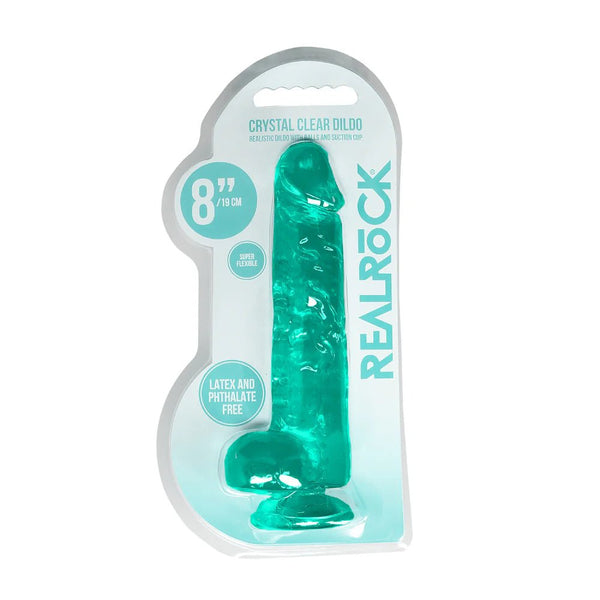 RealRock Crystal Clear Realistic 8 in. Dildo With Balls and Suction Cup Turquoise - TruLuv Novelties