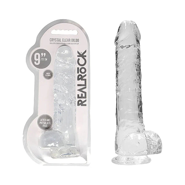 RealRock Crystal Clear Realistic 9 in. Dildo With Balls and Suction Cup Clear - TruLuv Novelties