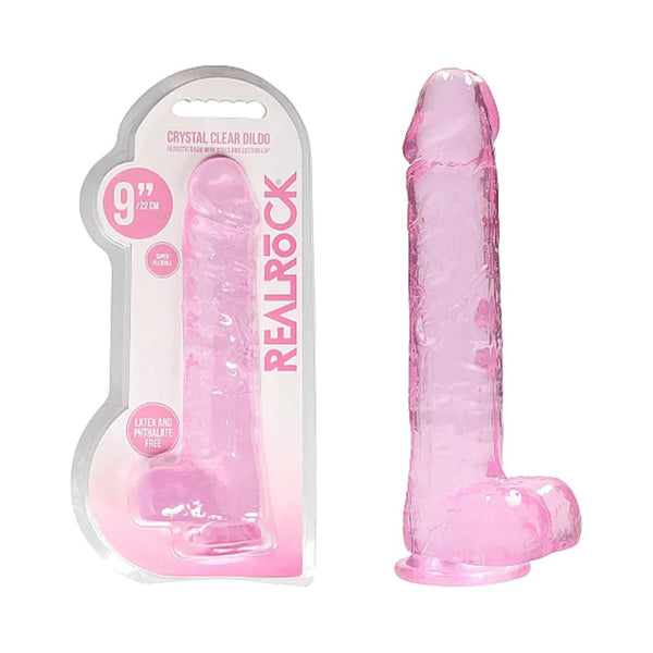 RealRock Crystal Clear Realistic 9 in. Dildo With Balls and Suction Cup Pink - TruLuv Novelties