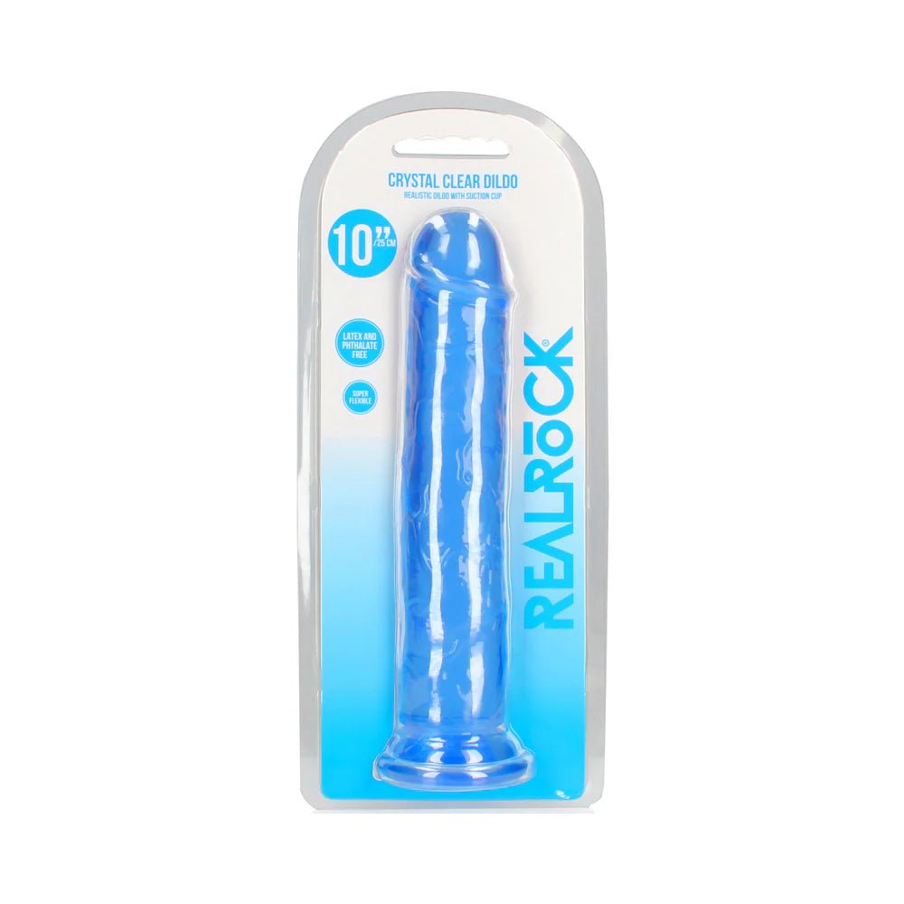 RealRock Crystal Clear Straight 10 in. Dildo Without Balls Blue - TruLuv Novelties