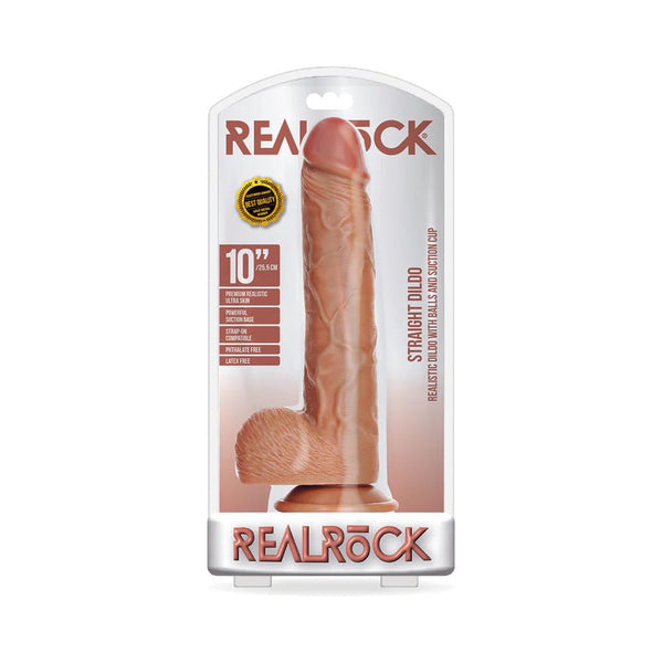RealRock Realistic 10 in. Straight Dildo With Balls and Suction Cup Tan - TruLuv Novelties