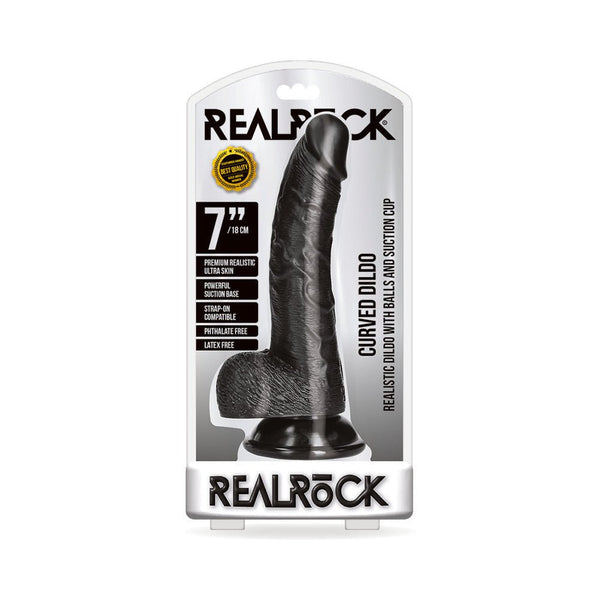 RealRock Realistic 7 in. Curved Dildo With Balls and Suction Cup Black - TruLuv Novelties