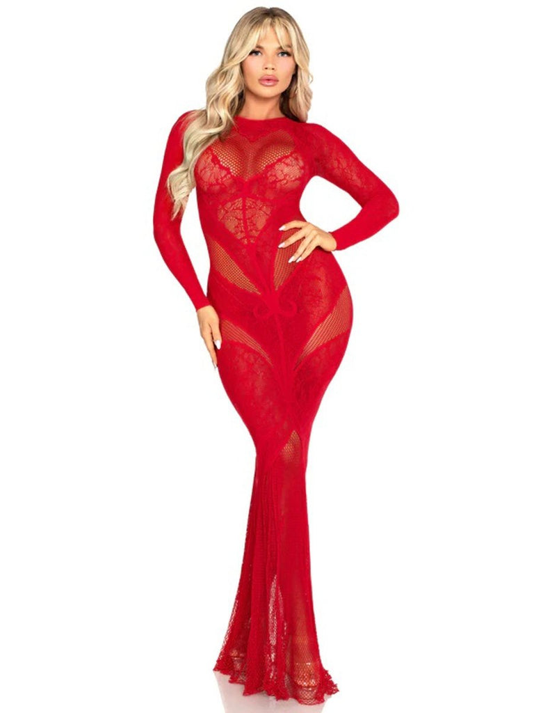 Red Lace and Net Body Con Gown - With Heart Keyhole Detail - Os - TruLuv Novelties