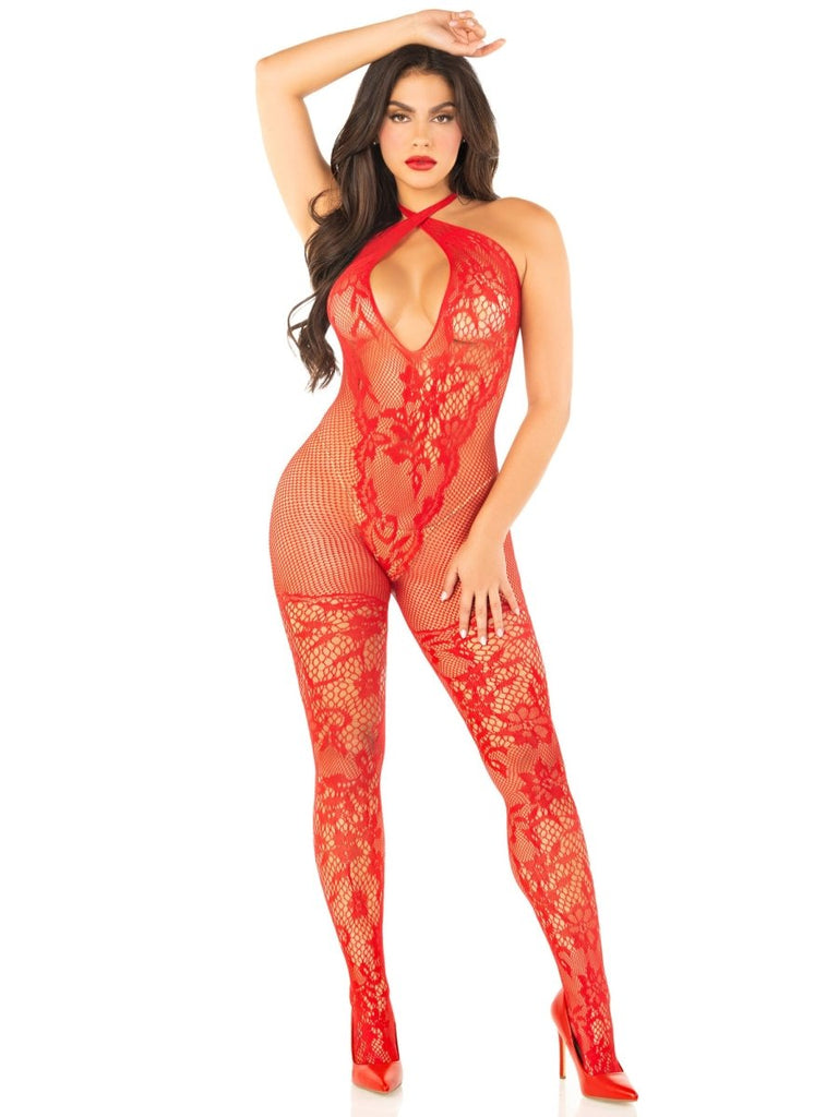 Red Seamless Net and Lace Lingerie Jumpsuit - With Keyhole Crossover Halter - Os - TruLuv Novelties