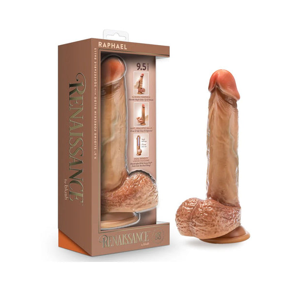 Renaissance Raphael Sliding Foreskin Dildo with Squeezable Balls 9.5 in. Tan - TruLuv Novelties
